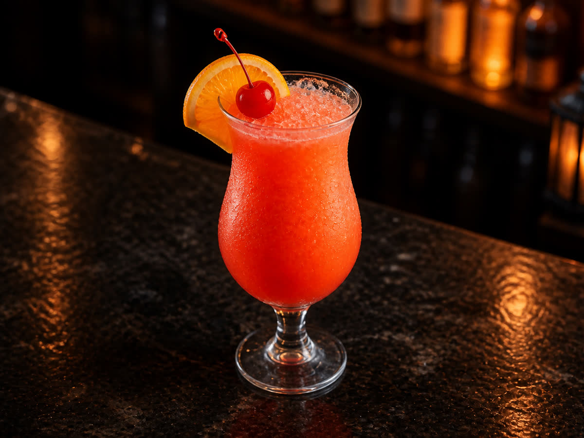 Hurricane cocktail in a hurricane glass — Passion fruit puree