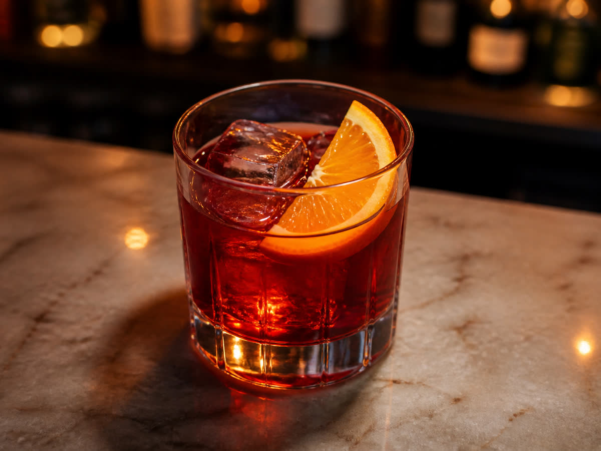 Milano-Torino cocktail in a rocks glass — Campari