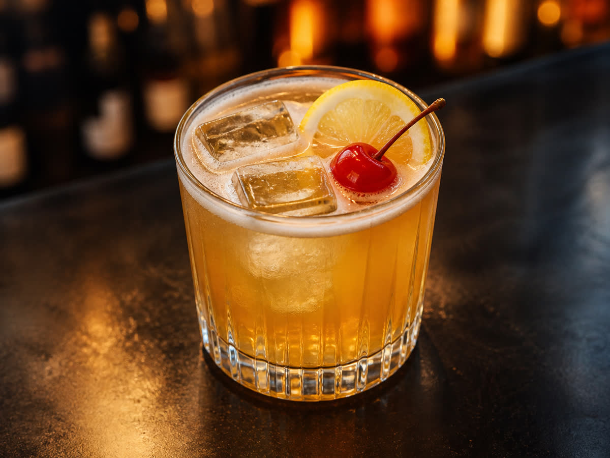 Scotch Sour cocktail in a rocks glass — Lemon juice